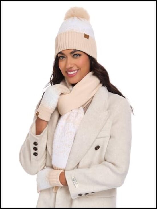 Winter Beanie Hat Touchscreen Gloves Long Scarf 3 Set Fleece Lined Knit